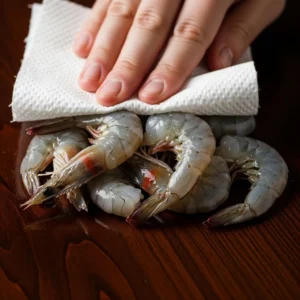 Raw shrimp being patted dry with paper towel on dark wood before grilling for tacos