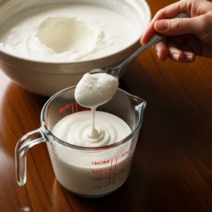 Scooping Greek yogurt from bowl into measuring cup for protein box lunch