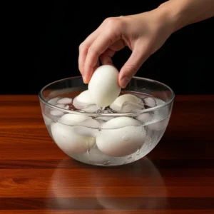 Hand reaching into glass bowl of ice water with peeled boiled eggs for easy peeling
