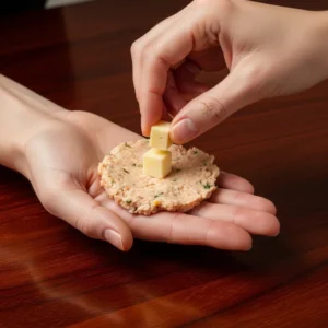 Hand placing cheese cube into flattened turkey disc to make cheese stick meatballs