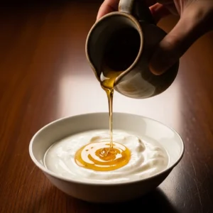 Pouring warm honey into Greek yogurt bowl for sweet protein box recipe