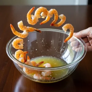 Shrimp tossed in glass bowl with lime juice and smoked paprika for healthy taco marinade