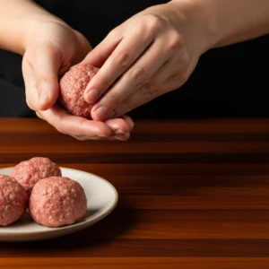 Two hands rolling a mini meatball between wet palms with finished meatballs beside