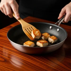 Hand flipping golden brown chicken cubes in nonstick pan with spatula on dark wood table