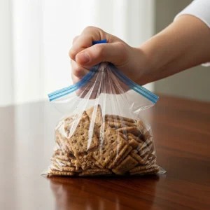 Crushing whole grain crackers inside sealed bag for Greek yogurt protein box topping