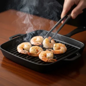 Shrimp cooking on hot grill pan with char marks and steam for healthy tacos