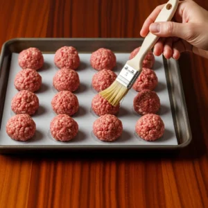Raw mini meatballs arranged on greased baking sheet with olive oil brush at edge