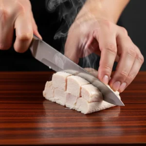 Hand cutting largest chicken cube with knife to check doneness showing juicy white inside