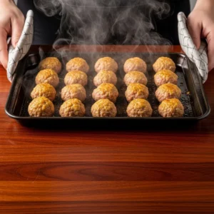 Golden brown mini meatballs with cheese stick fresh from oven with steam rising