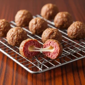 Mini meatballs cooling on wire rack with one cut open showing cheese pull texture