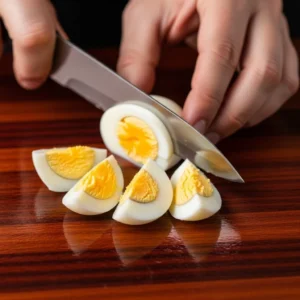 Hand slicing boiled egg into wedge shapes on cutting board for kids lunch box