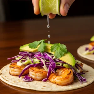 Lime wedge squeezed over assembled shrimp taco with juice droplets falling for fresh finish