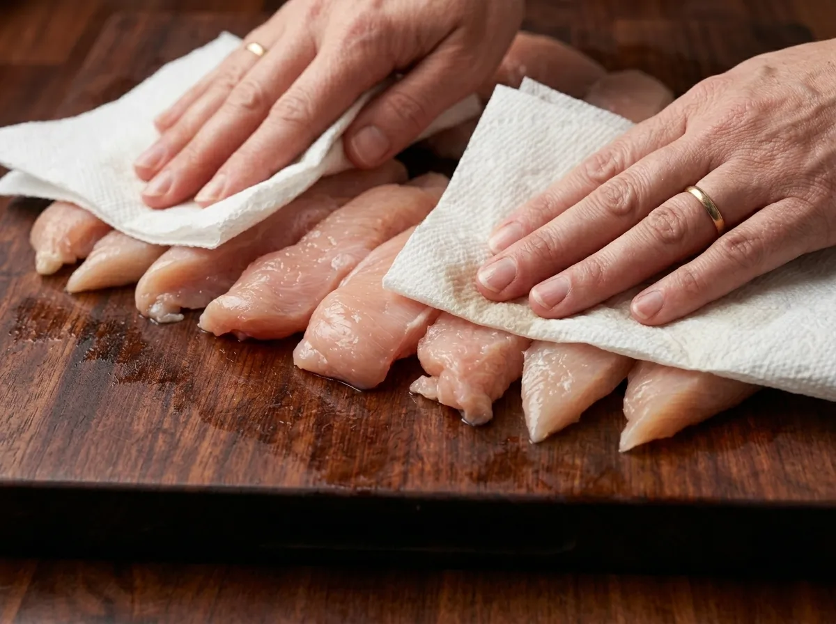 feminine hand patting raw chicken breast strips dry with paper towel on cutting board