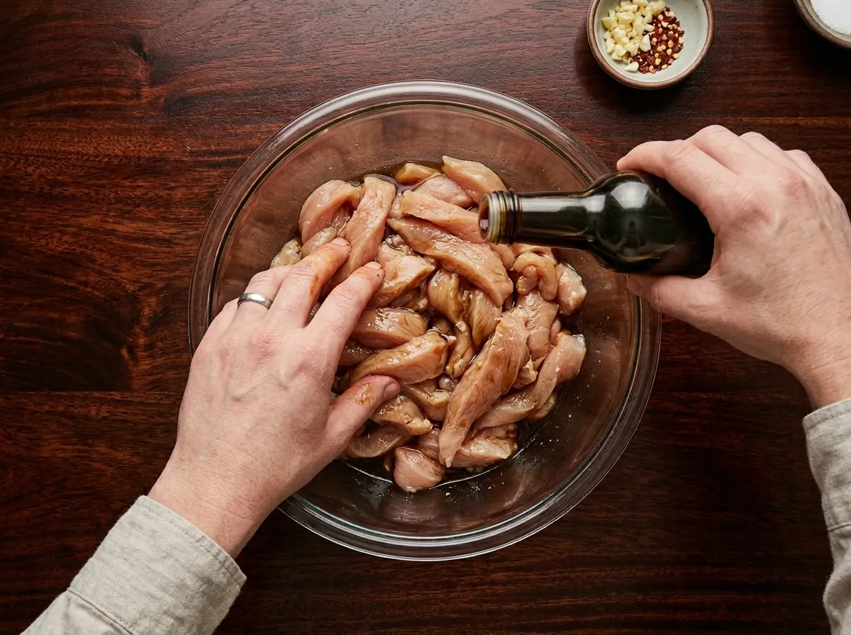coconut aminos drizzling from small bottle into glass bowl of raw chicken strips