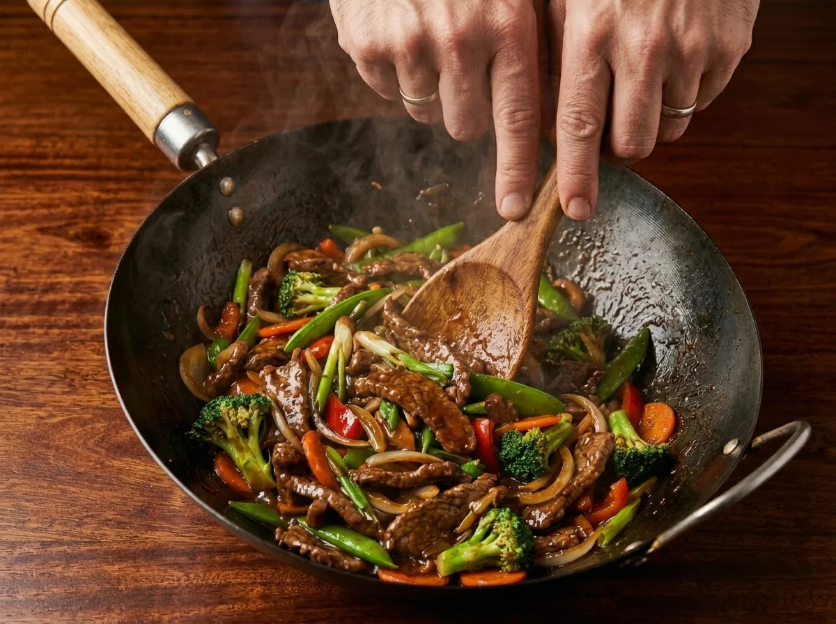 finished low carb chicken stir fry in wok with glossy sauce and feminine hand stirring gently