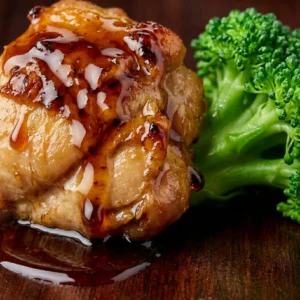 extreme close up of juicy chicken piece with glossy sauce next to crisp broccoli floret