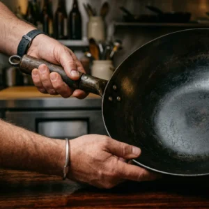 large carbon steel wok held by single hand on medium dark wood surface