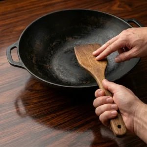 wide wooden spatula held by feminine hand resting against wok for low carb cooking