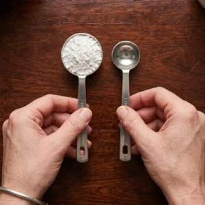 metal measuring spoons holding arrowroot starch powder on medium dark wood surface