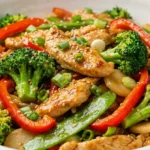 Healthy Low Carb Chicken Stir Fry Recipe (Just 20 Minutes) low carb chicken stir fry with broccoli and bell peppers in white ceramic bowl
