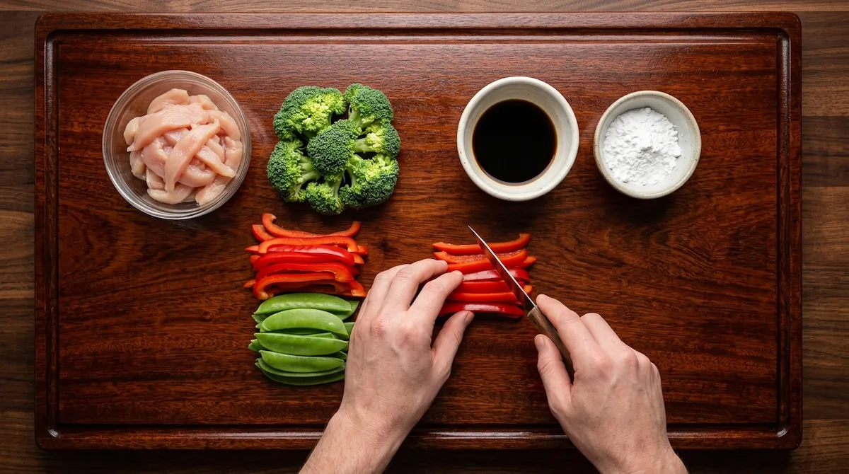 ingredients for low carb chicken stir fry including chicken breast broccoli bell pepper and coconut aminos