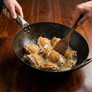 golden brown chicken searing in hot wok with oil splashes and motion blur from spatula