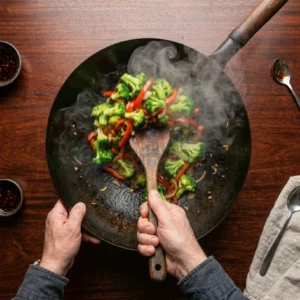 bright green broccoli and red bell pepper strips tossing in wok with steam and motion blur