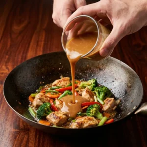 glossy light brown sauce pouring from glass measuring cup into wok with chicken and vegetables