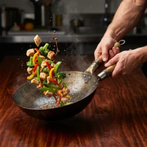 chicken broccoli and snow peas mid air in wok toss with sauce splashing and motion blur